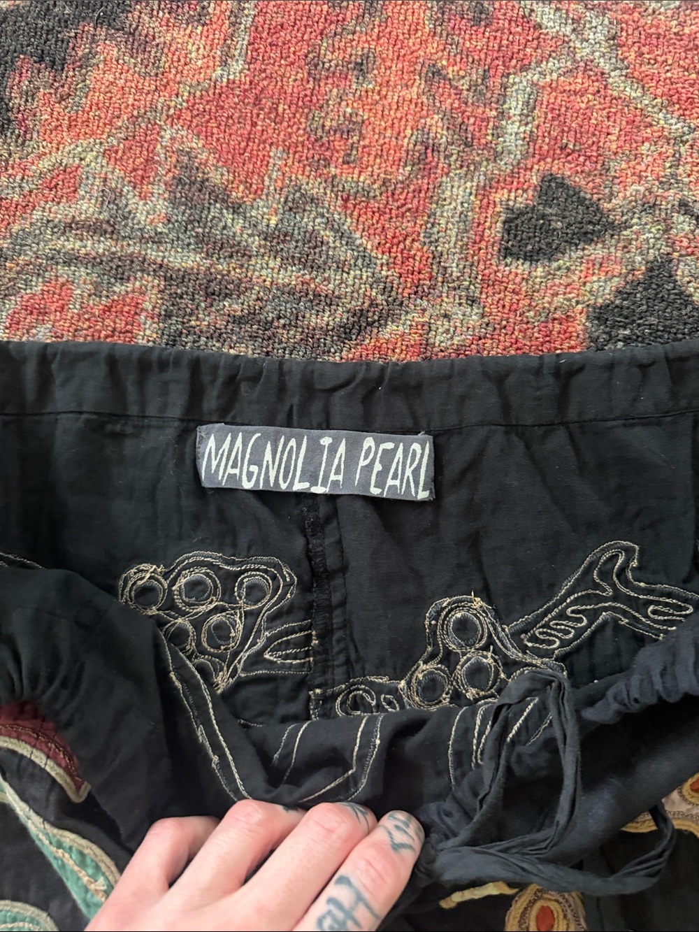 very rare embroidered Black Harem Pants with Mint & Coral Accents - Picture 2 of 3